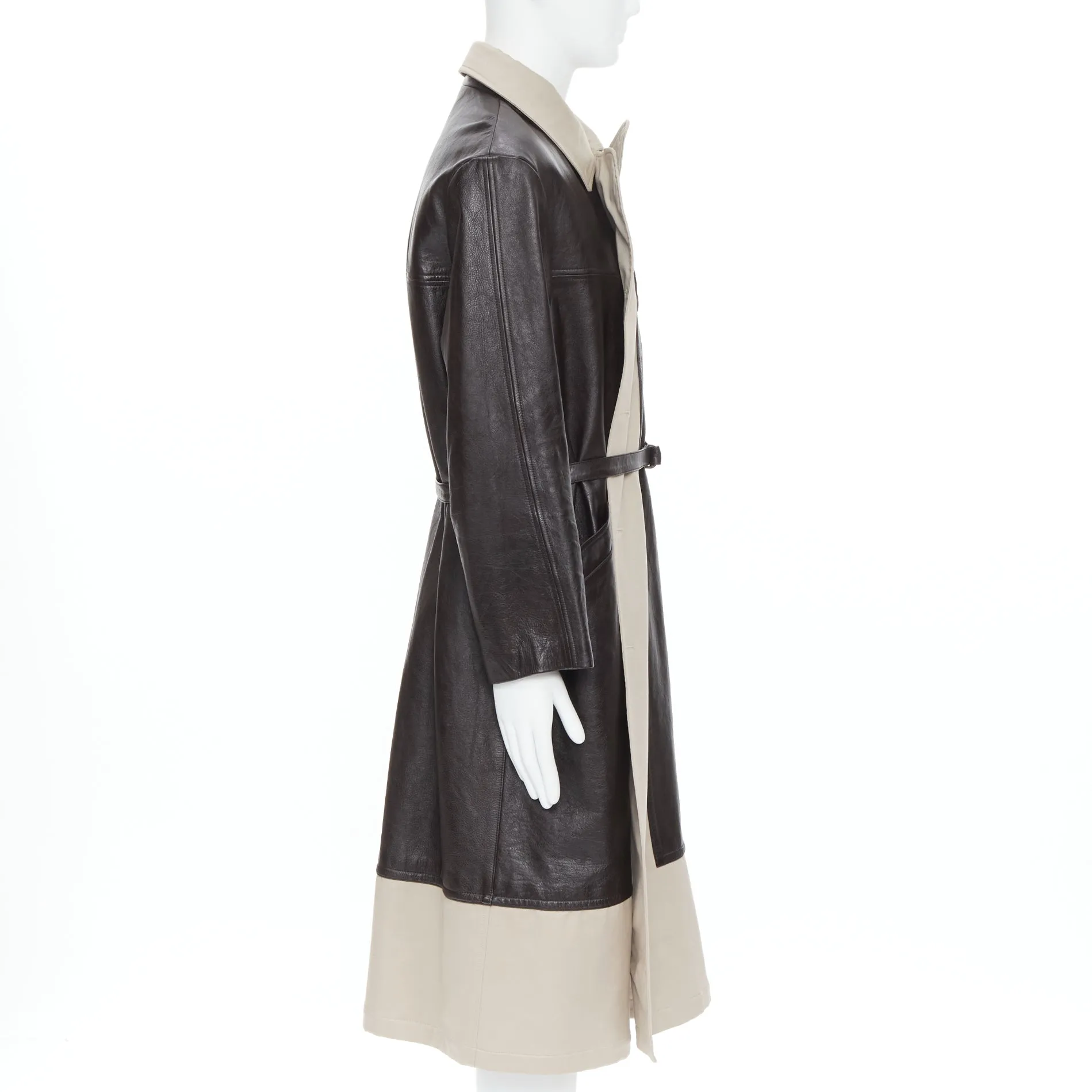 BALENCIAGA Fake Layering black leather beige trench belted coat M