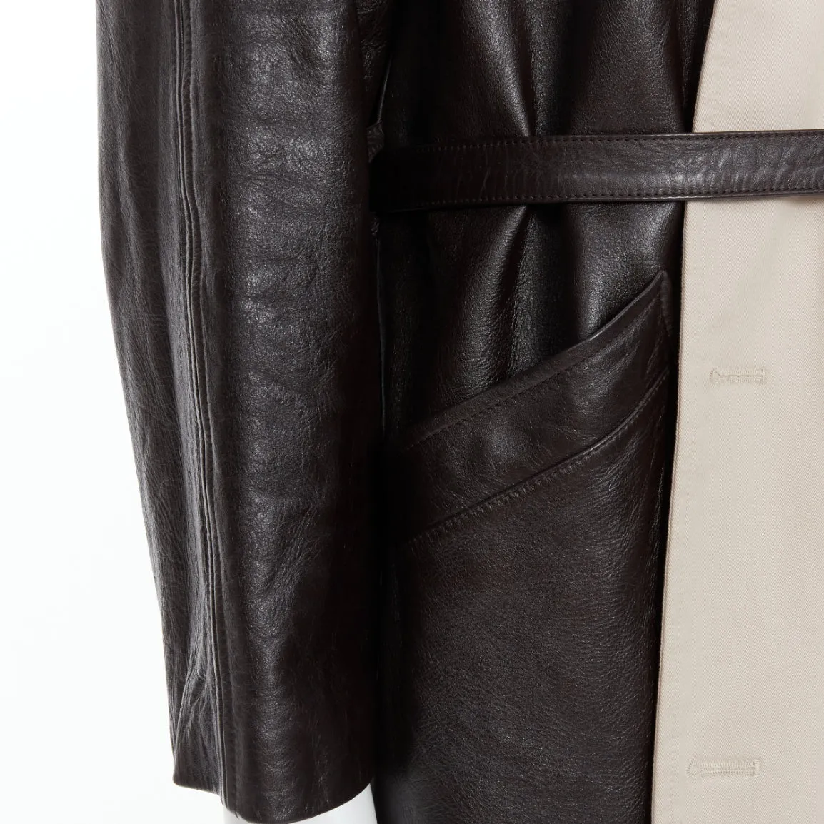 BALENCIAGA Fake Layering black leather beige trench belted coat M
