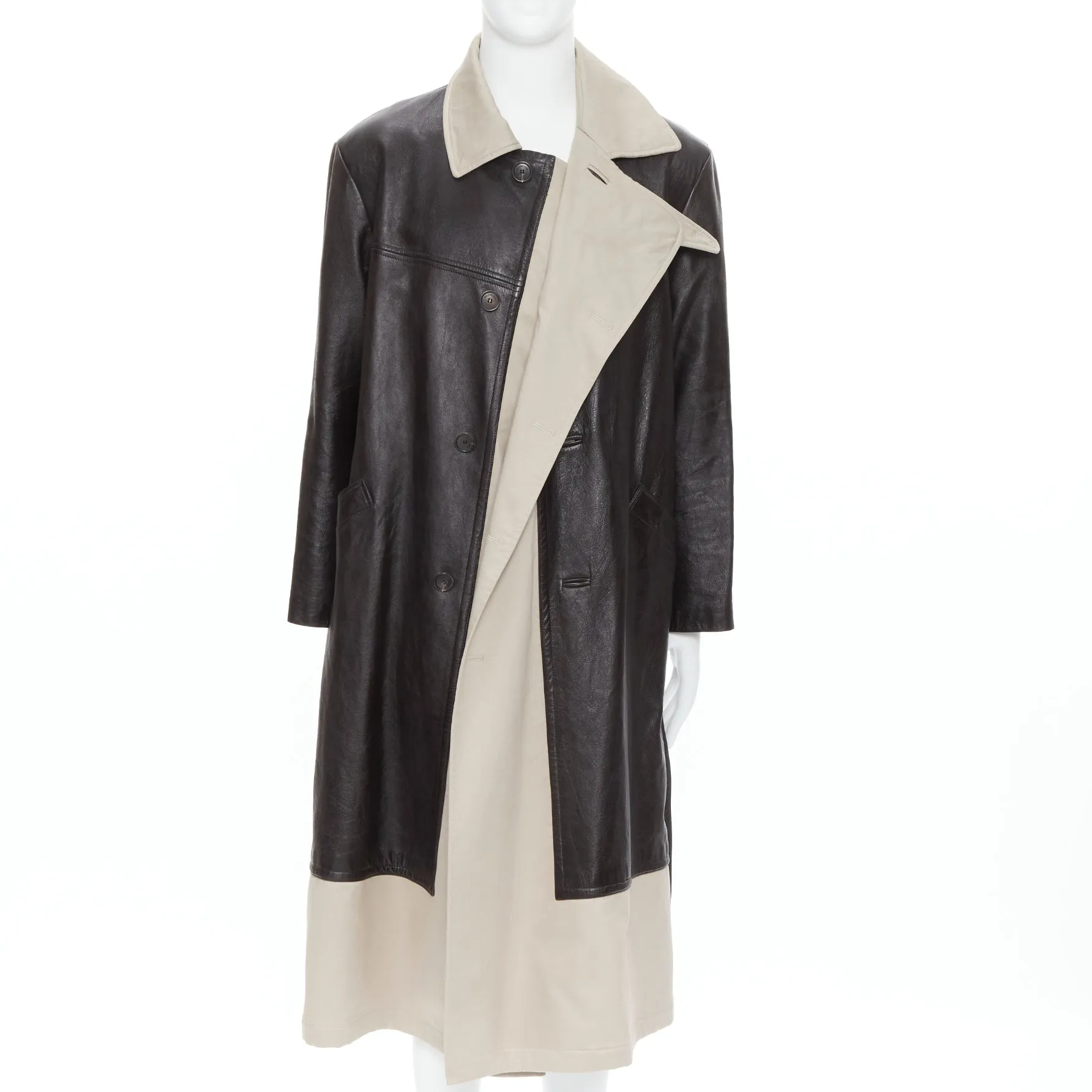 BALENCIAGA Fake Layering black leather beige trench belted coat M