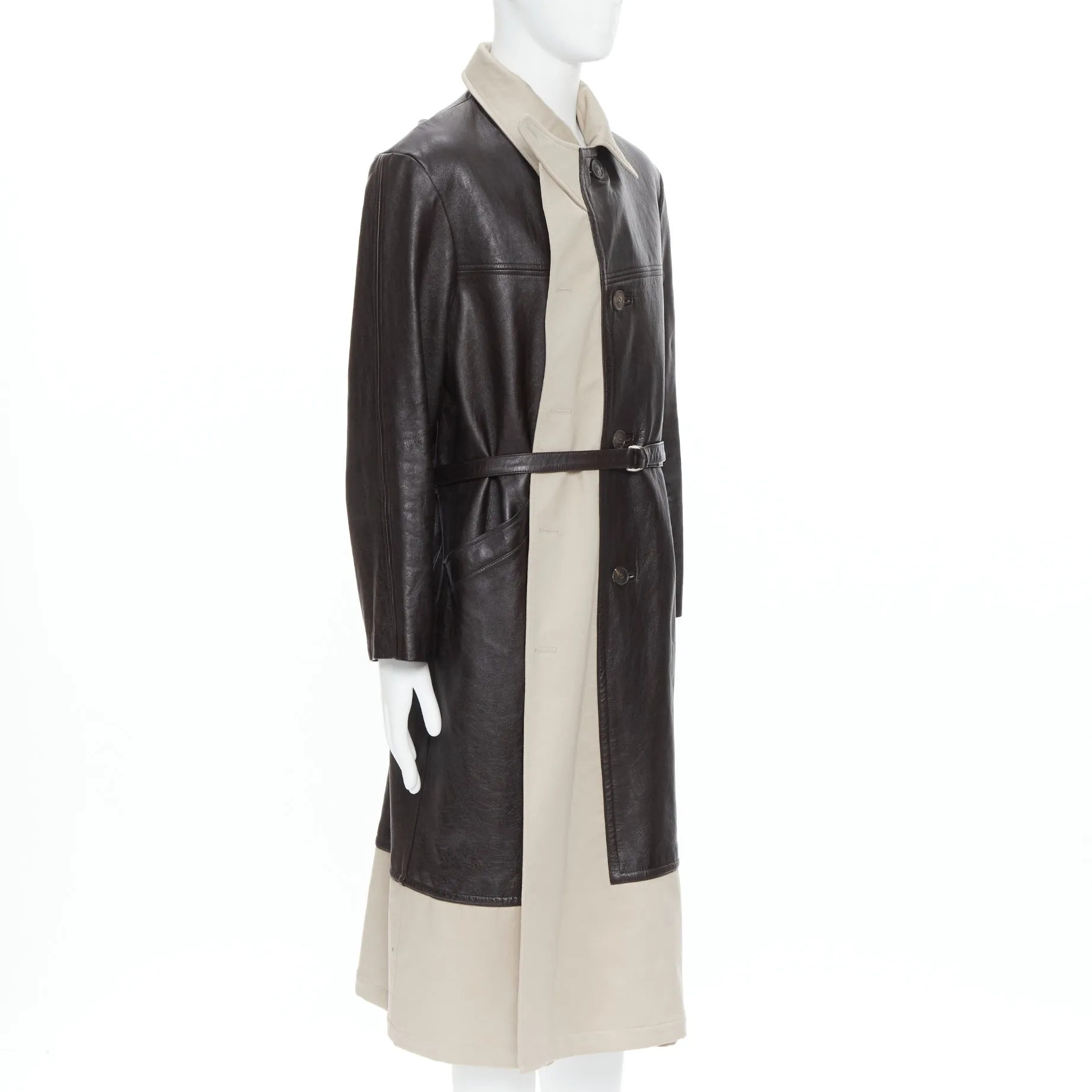 BALENCIAGA Fake Layering black leather beige trench belted coat M