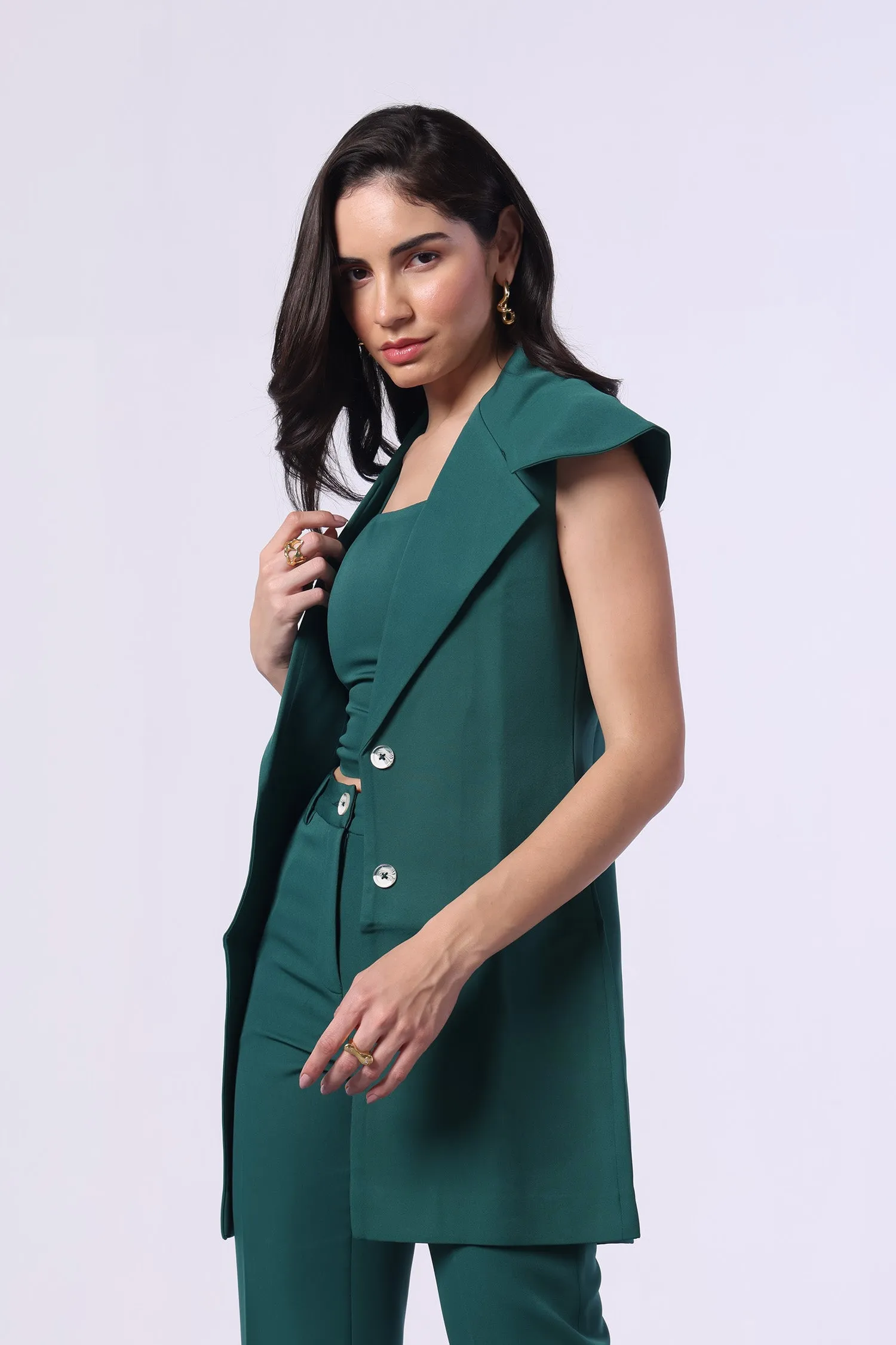 Bottle Green Trench Coat (Sleeveless) with Crop Top and Pants