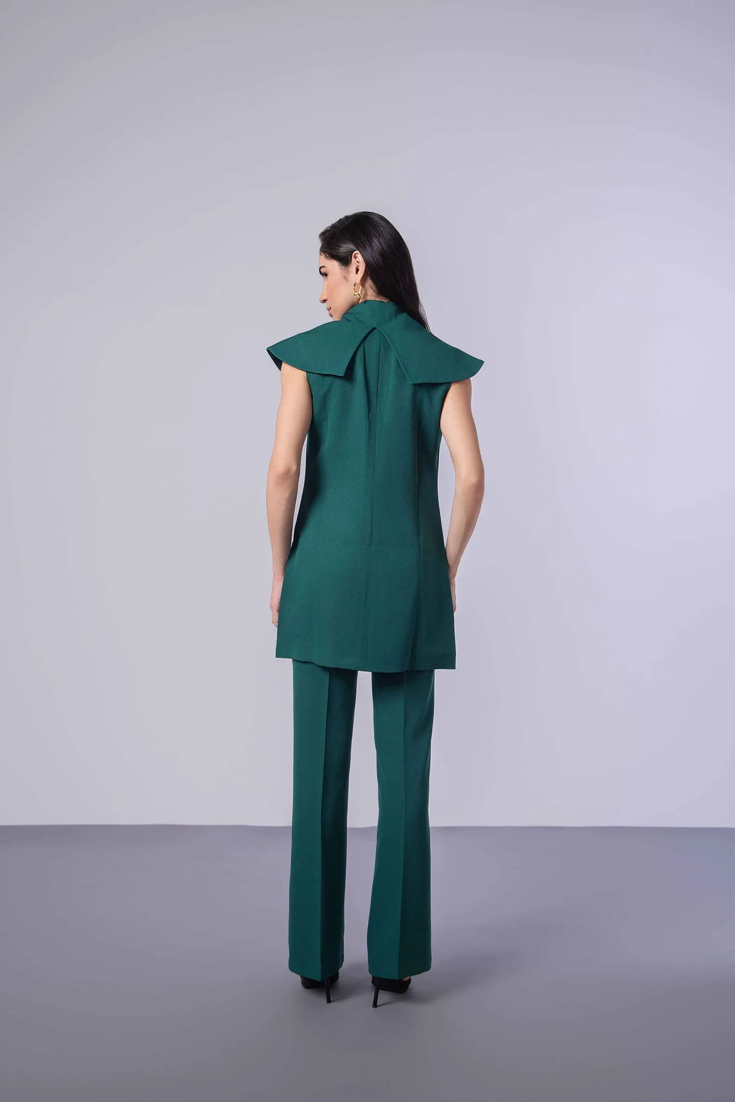 Bottle Green Trench Coat (Sleeveless) with Crop Top and Pants