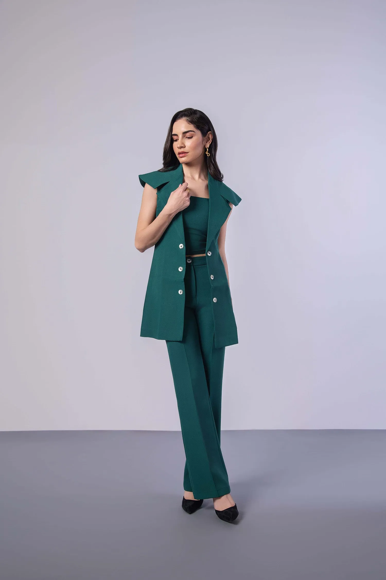 Bottle Green Trench Coat (Sleeveless) with Crop Top and Pants