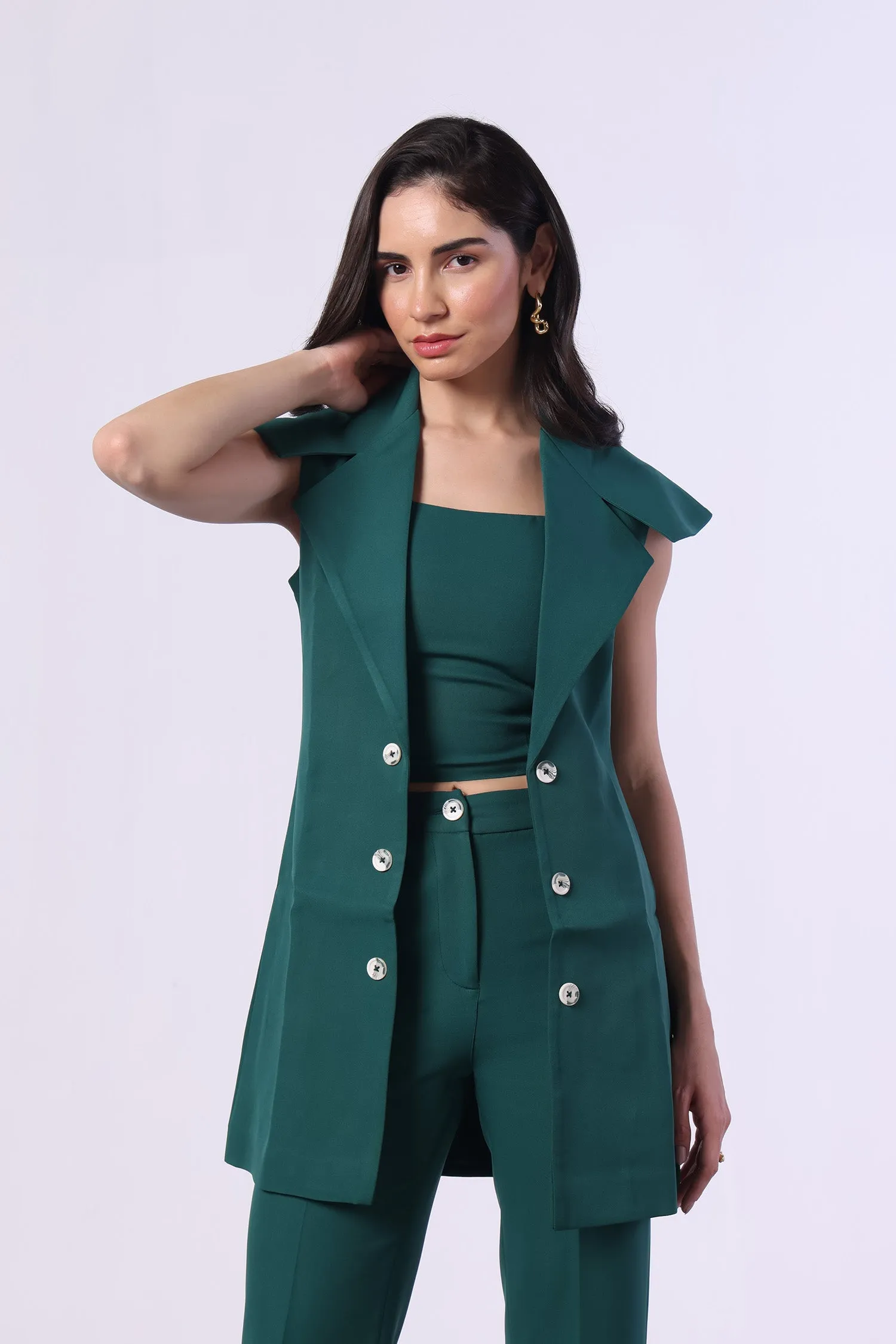 Bottle Green Trench Coat (Sleeveless) with Crop Top and Pants