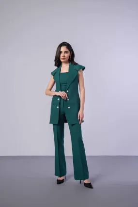 Bottle Green Trench Coat (Sleeveless) with Crop Top and Pants