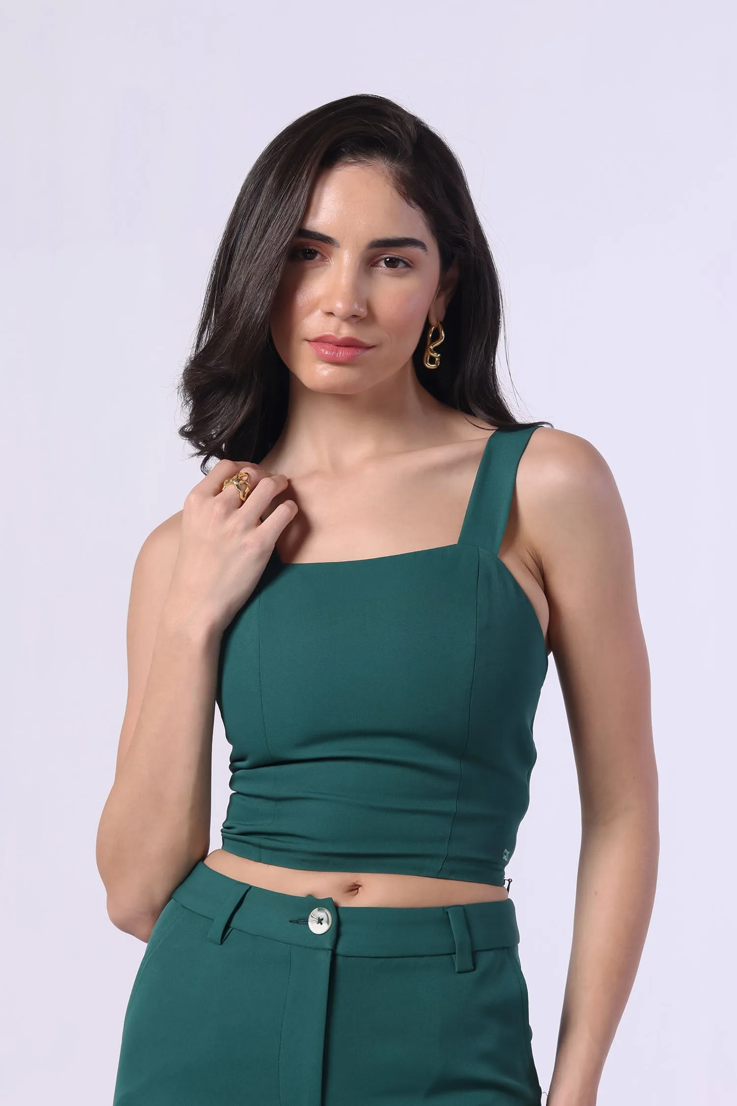 Bottle Green Trench Coat (Sleeveless) with Crop Top and Pants