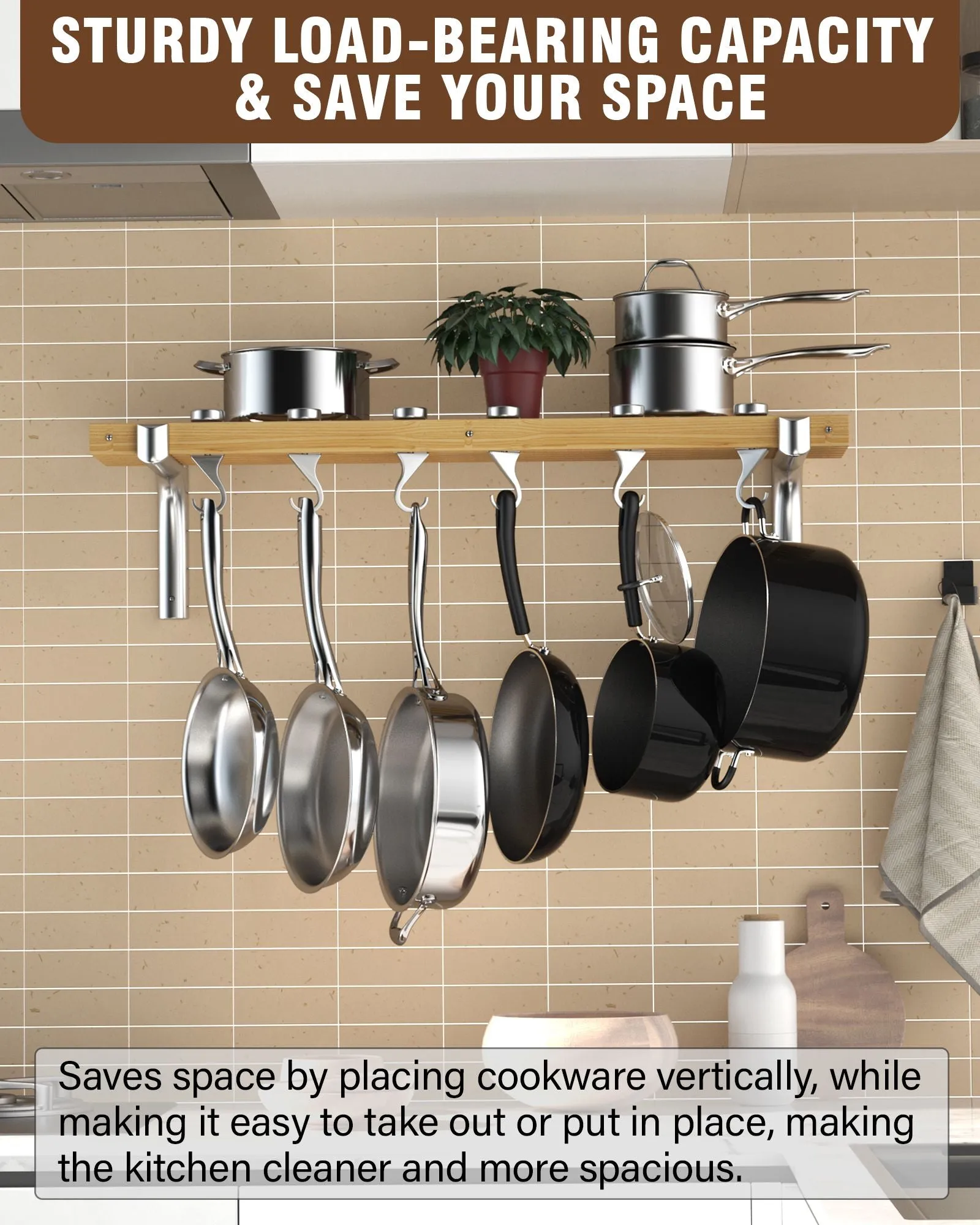 Cooks Standard 36-Inch Wall Mounted Wooden Pot Rack with 6 Solid Cast Aluminum Swivel Hooks, Movable Tracks Type Pan Rack Suitable for Heavy Duty Pots and Pans