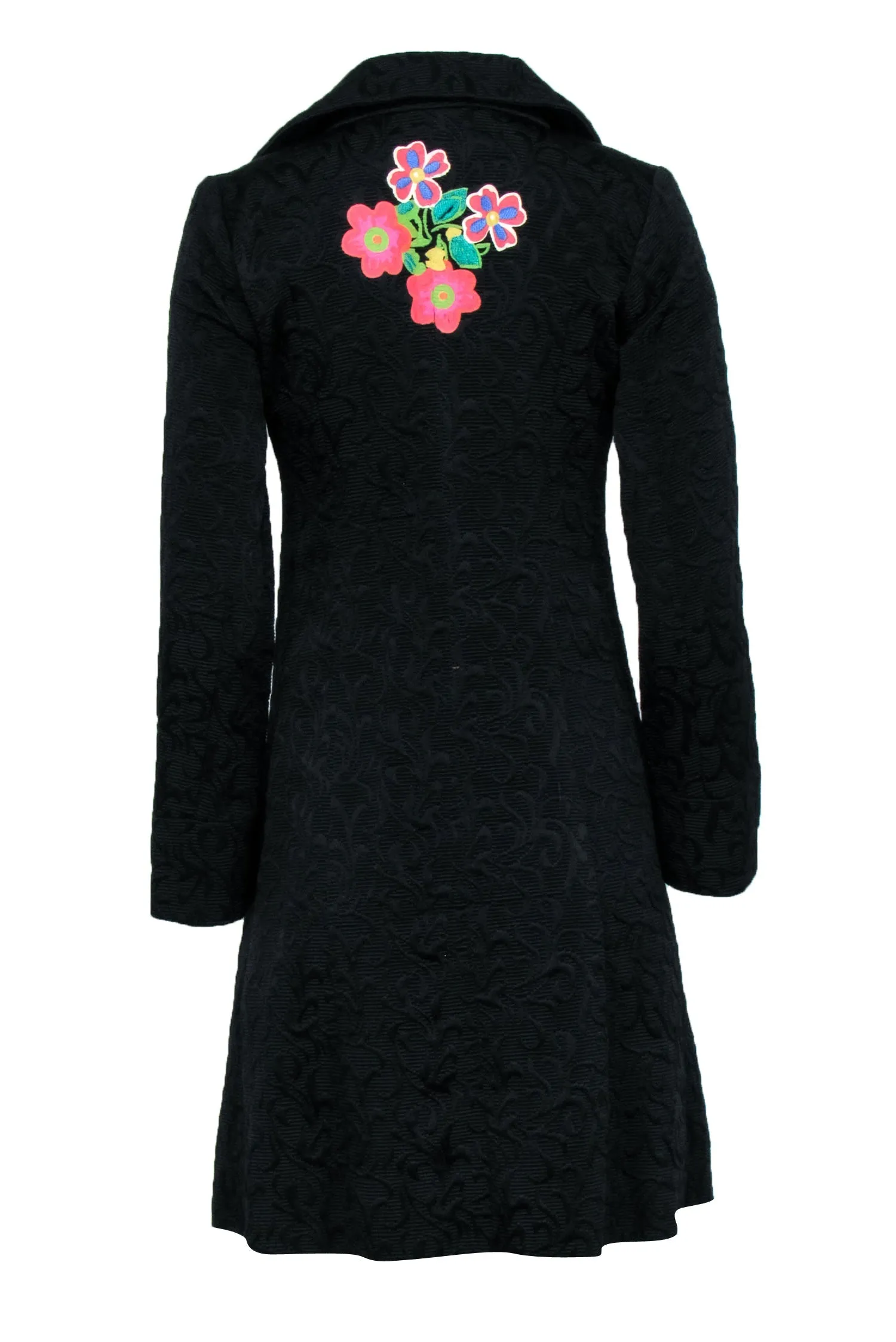 Desigual - Black Trench Coat w/ Multi-Color Painted Flowers Sz 4