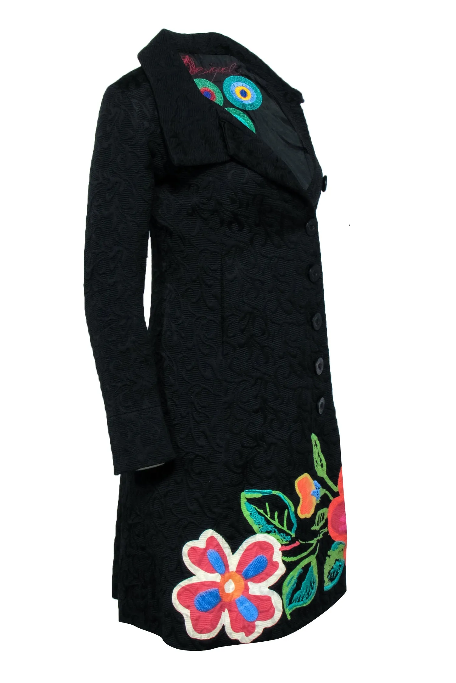 Desigual - Black Trench Coat w/ Multi-Color Painted Flowers Sz 4