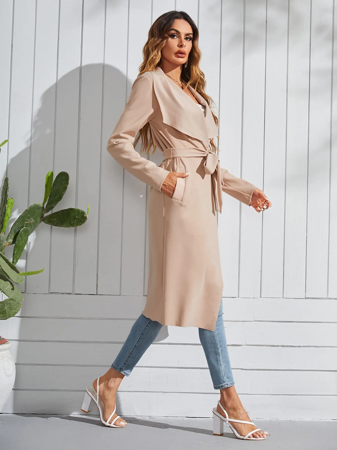 Elegant Plain Pocket Long Sleeve Waterfall Midi Women Coat
