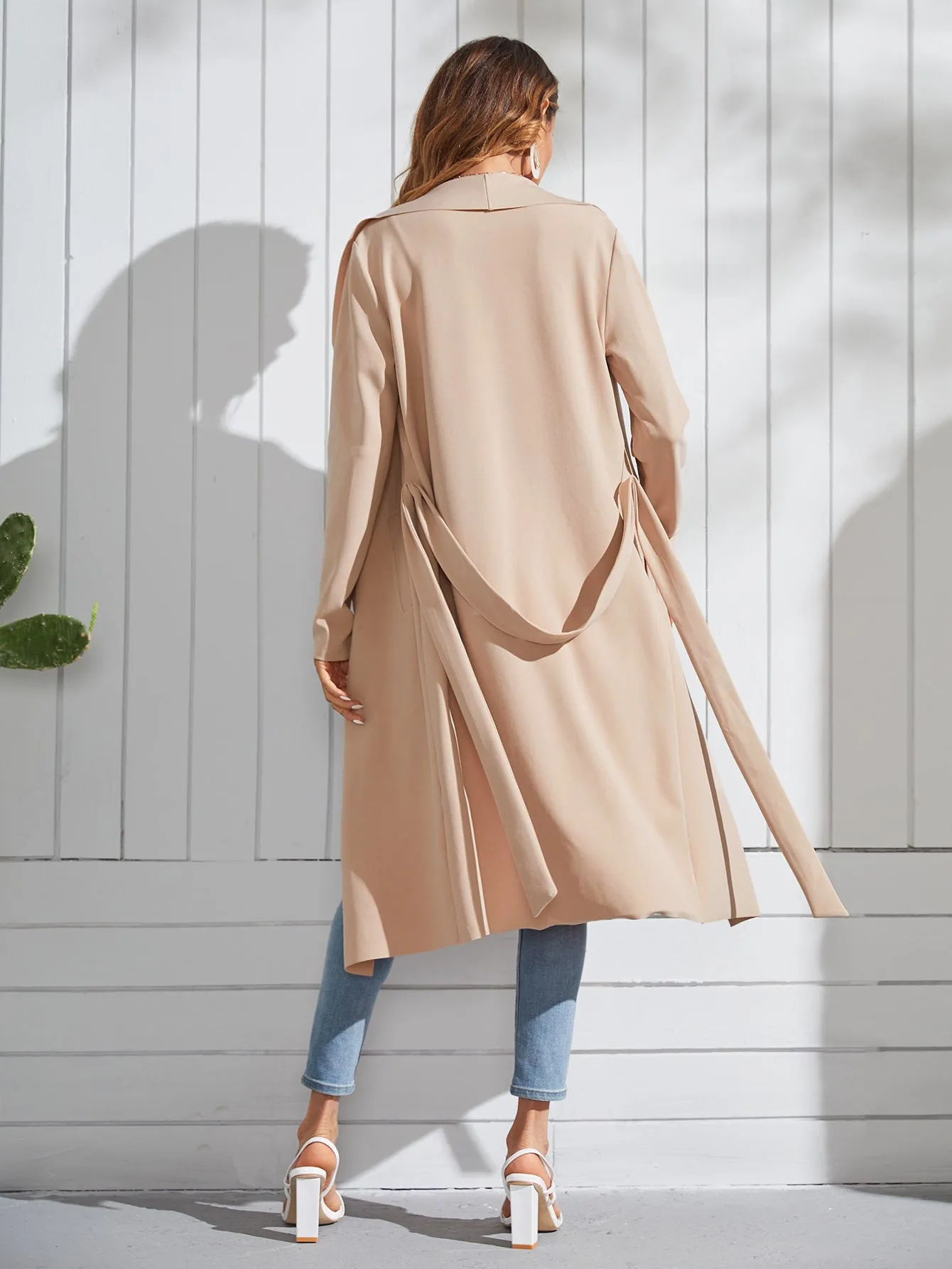 Elegant Plain Pocket Long Sleeve Waterfall Midi Women Coat