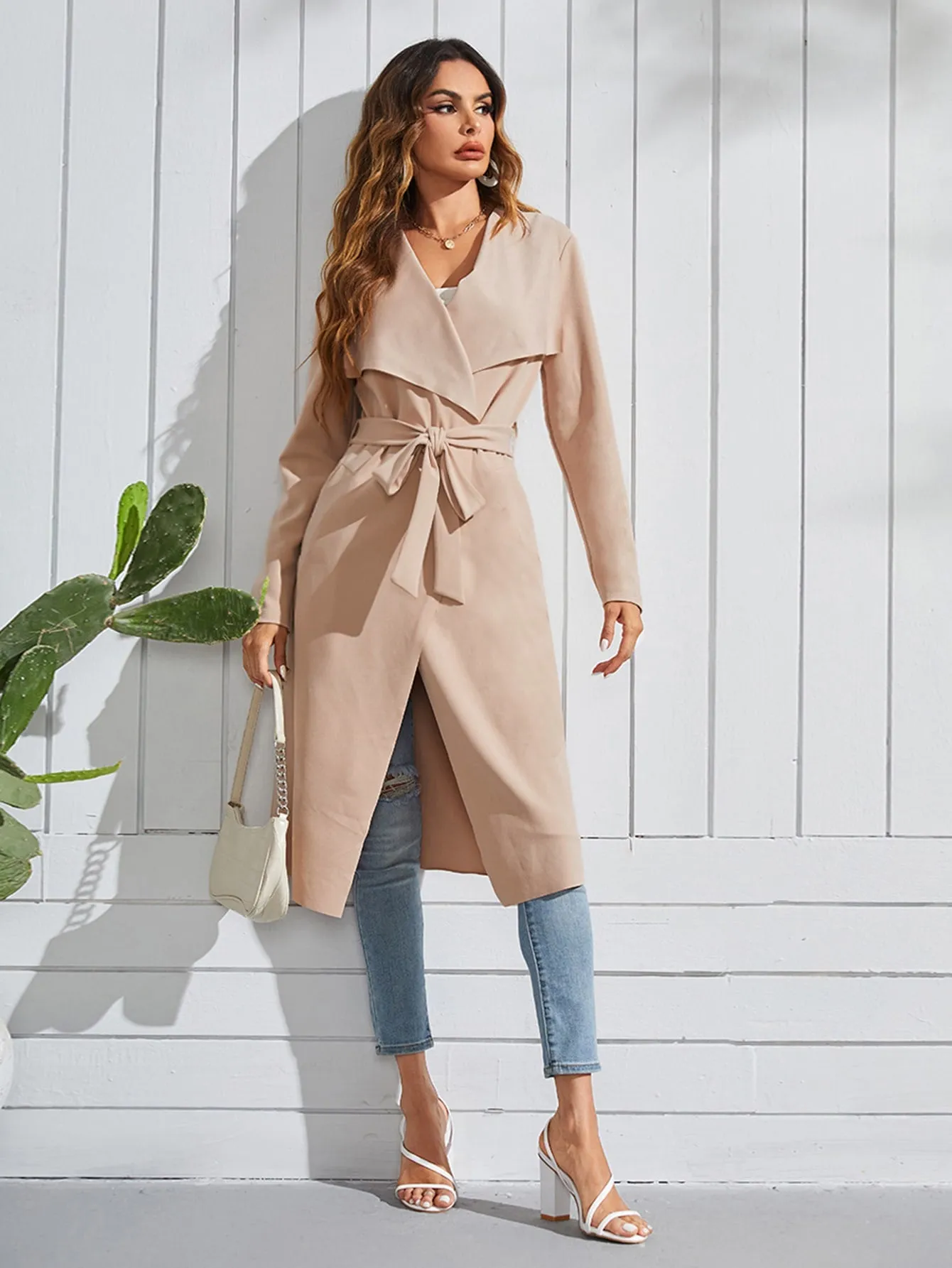 Elegant Plain Pocket Long Sleeve Waterfall Midi Women Coat