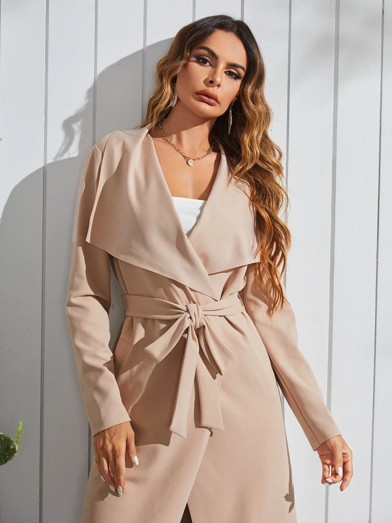 Elegant Plain Pocket Long Sleeve Waterfall Midi Women Coat