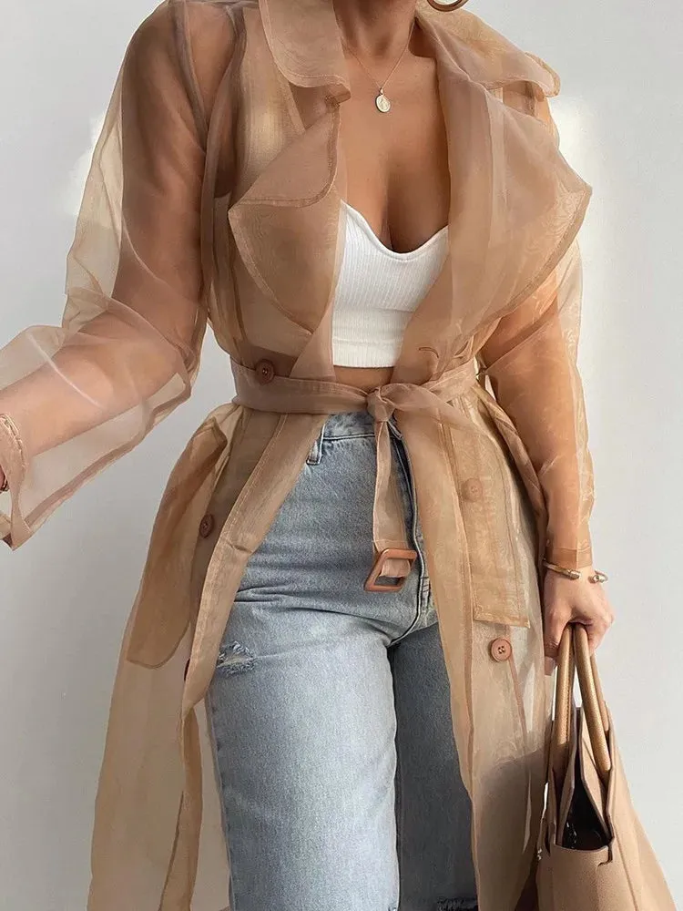 Joskaa Solid Organza See Through Lapel Full Sleeve Trench 2024 Summer Women Fashion Buttoned Coat with Belt Elegant Shirts