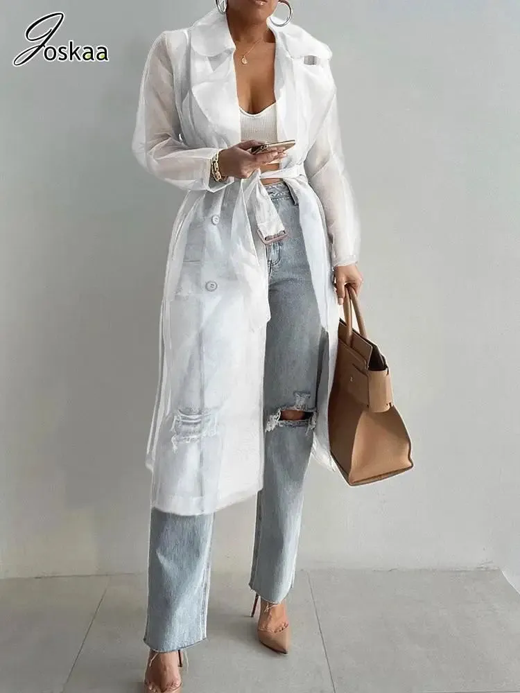 Joskaa Solid Organza See Through Lapel Full Sleeve Trench 2024 Summer Women Fashion Buttoned Coat with Belt Elegant Shirts