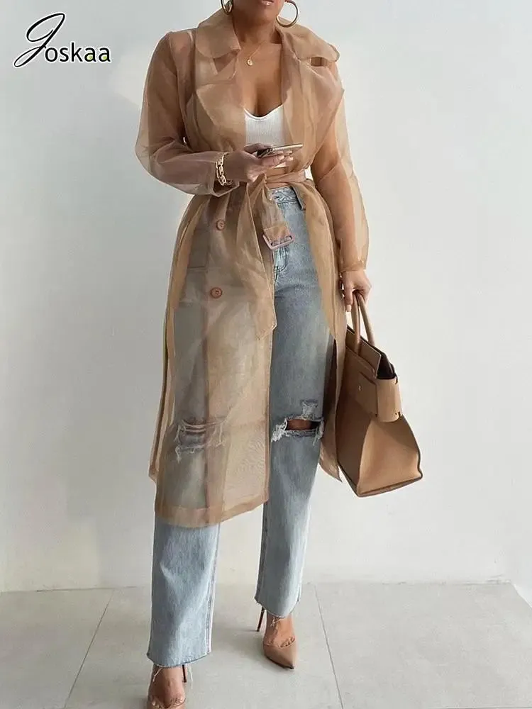 Joskaa Solid Organza See Through Lapel Full Sleeve Trench 2024 Summer Women Fashion Buttoned Coat with Belt Elegant Shirts