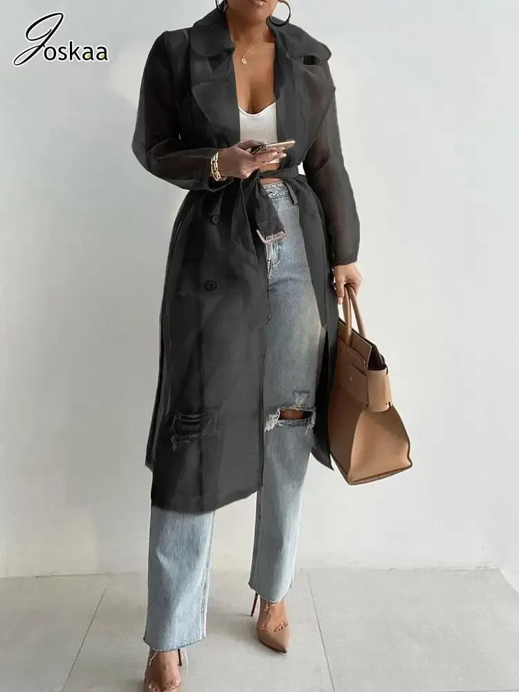 Joskaa Solid Organza See Through Lapel Full Sleeve Trench 2024 Summer Women Fashion Buttoned Coat with Belt Elegant Shirts