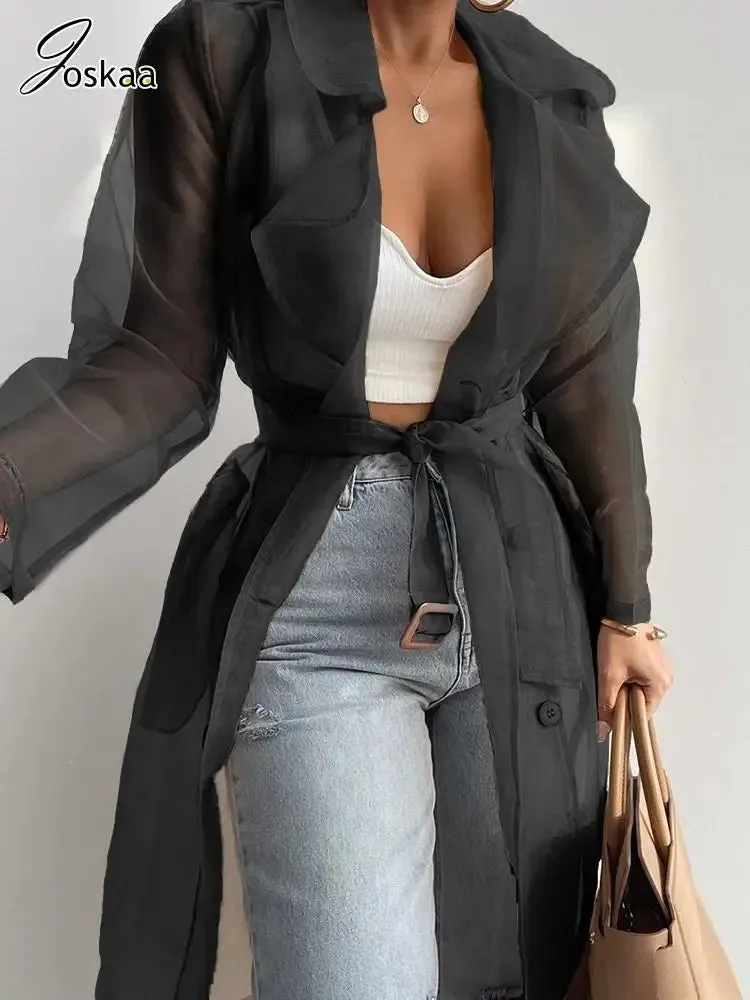 Joskaa Solid Organza See Through Lapel Full Sleeve Trench 2024 Summer Women Fashion Buttoned Coat with Belt Elegant Shirts