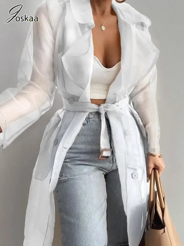 Joskaa Solid Organza See Through Lapel Full Sleeve Trench 2024 Summer Women Fashion Buttoned Coat with Belt Elegant Shirts