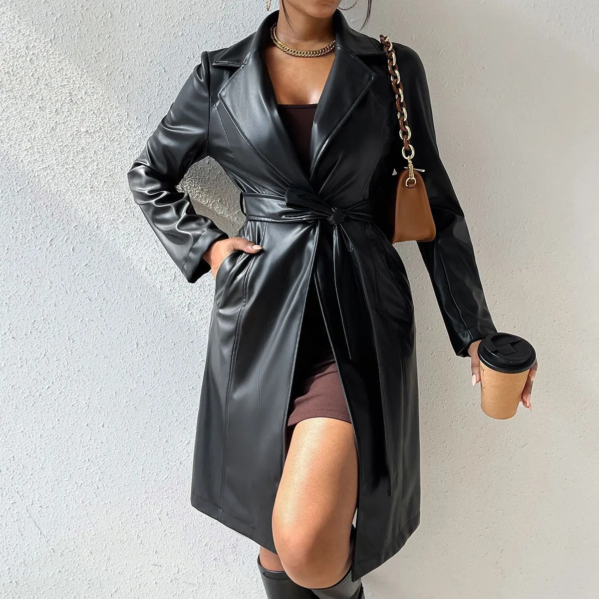 Patricia – Slim Fit PU Leather Long Trench Coat