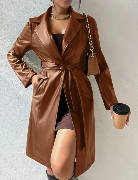 Patricia – Slim Fit PU Leather Long Trench Coat