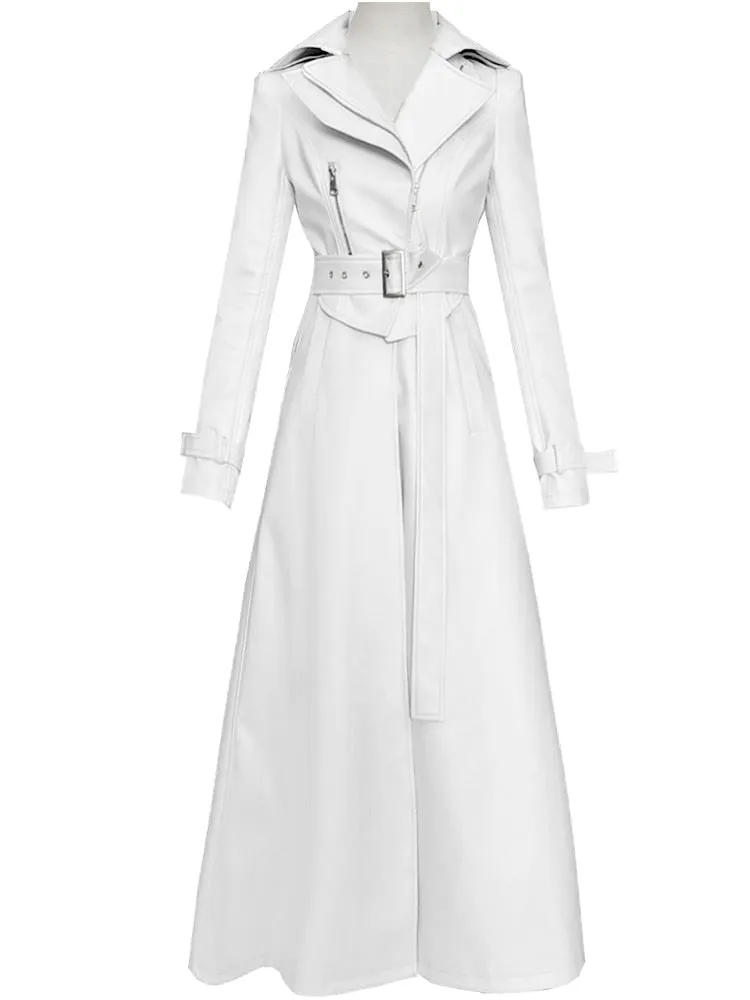 Spring Runway White Long Leather Trench Long Sleeve Elegant Luxury fashion Coats