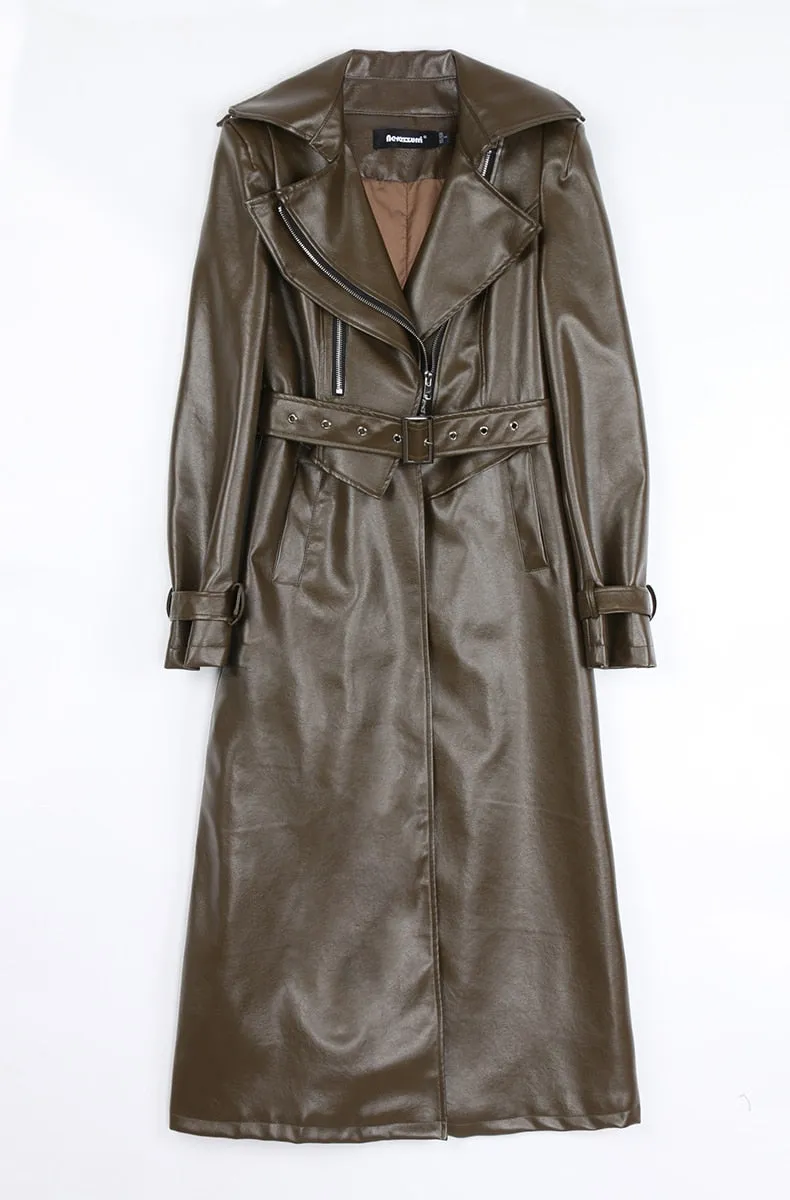 Spring Runway White Long Leather Trench Long Sleeve Elegant Luxury fashion Coats
