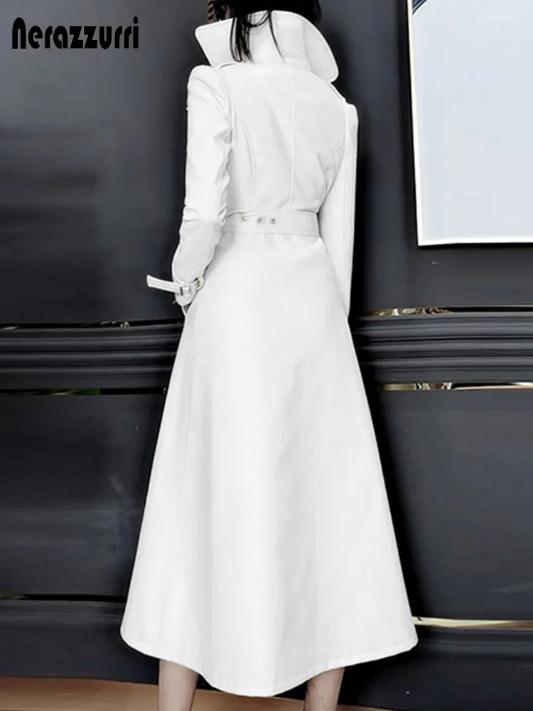 Spring Runway White Long Leather Trench Long Sleeve Elegant Luxury fashion Coats