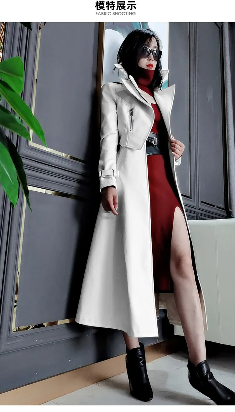 Spring Runway White Long Leather Trench Long Sleeve Elegant Luxury fashion Coats