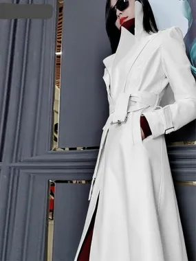 Spring Runway White Long Leather Trench Long Sleeve Elegant Luxury fashion Coats