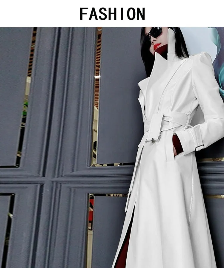 Spring Runway White Long Leather Trench Long Sleeve Elegant Luxury fashion Coats