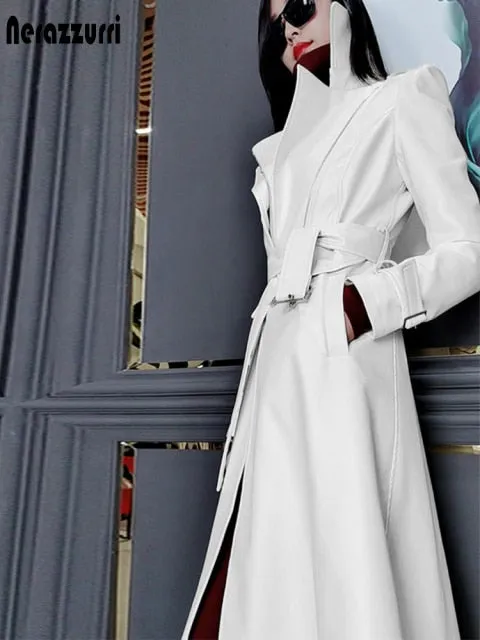 Spring Runway White Long Leather Trench Long Sleeve Elegant Luxury fashion Coats