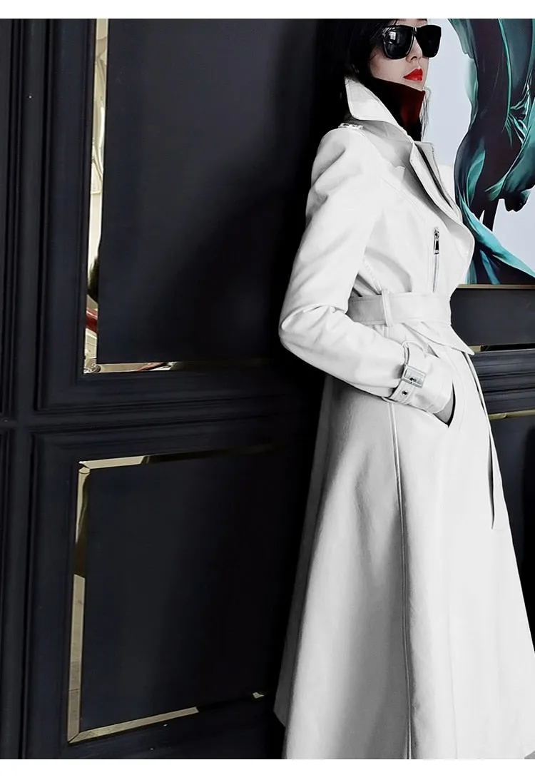 Spring Runway White Long Leather Trench Long Sleeve Elegant Luxury fashion Coats