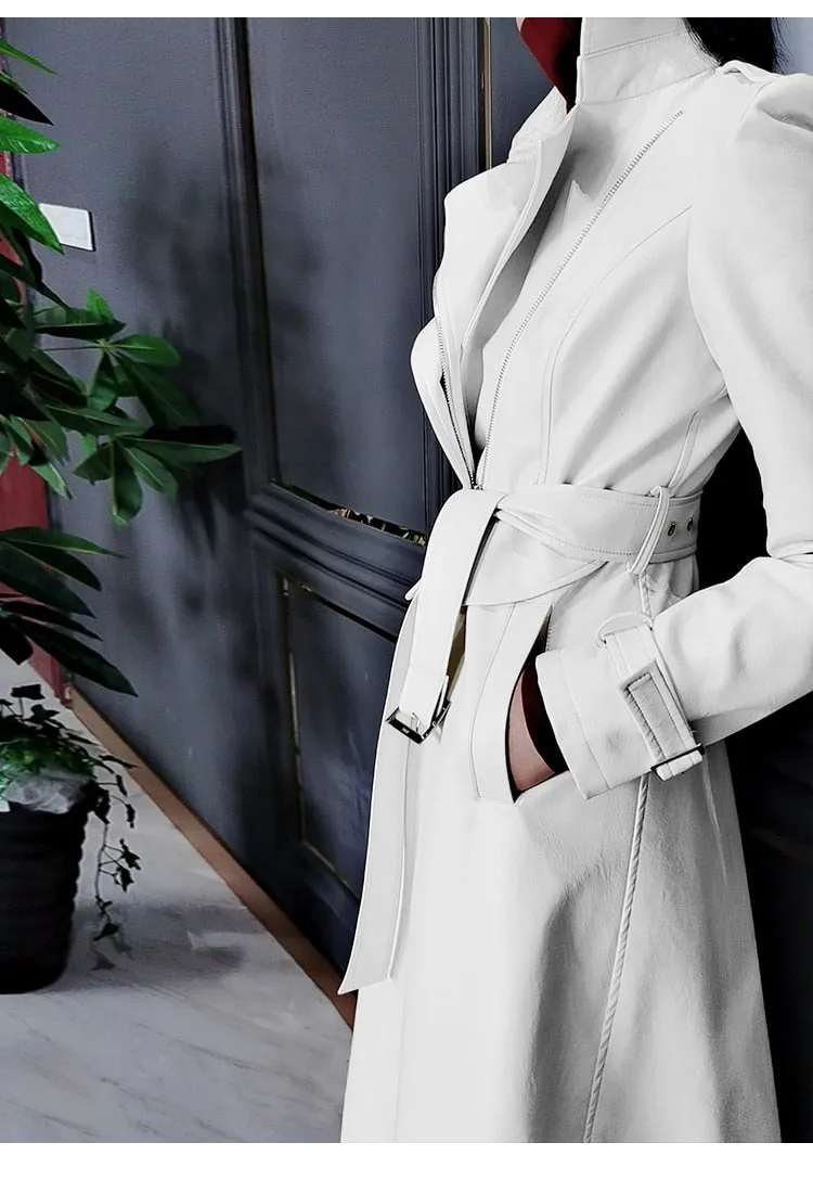 Spring Runway White Long Leather Trench Long Sleeve Elegant Luxury fashion Coats
