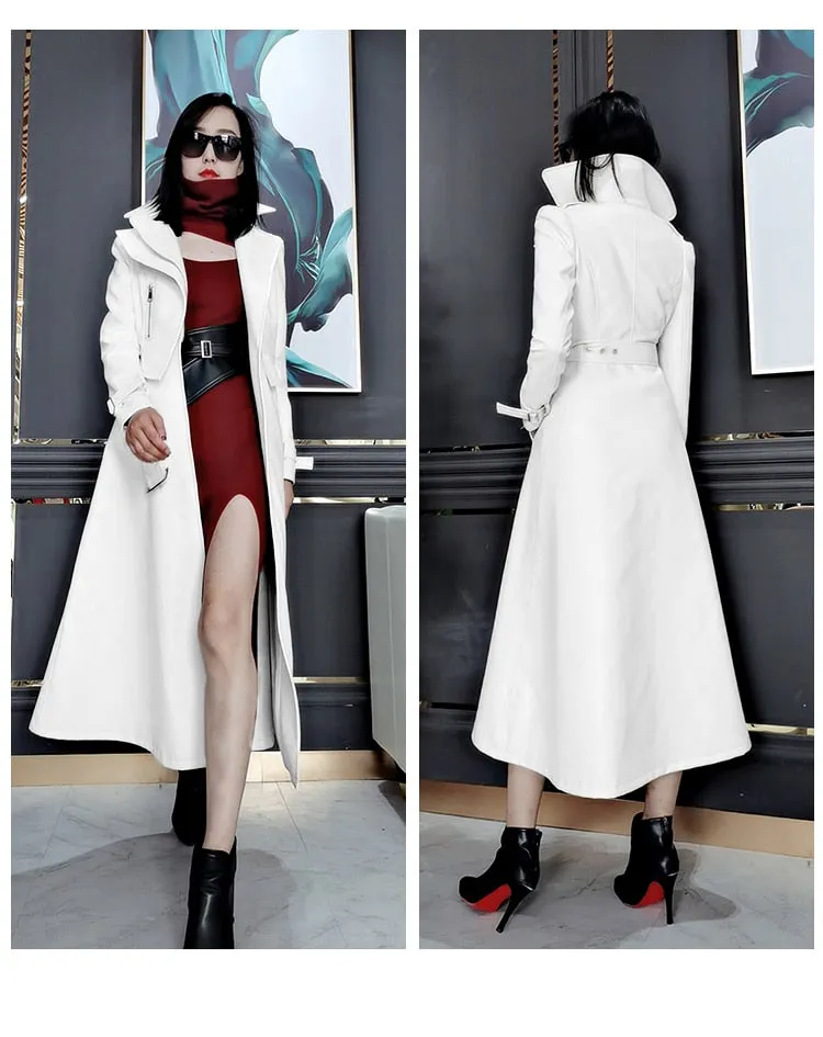 Spring Runway White Long Leather Trench Long Sleeve Elegant Luxury fashion Coats