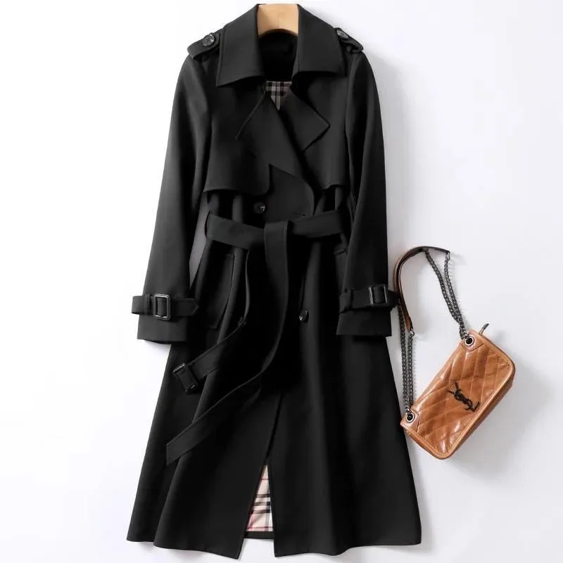 Wjczt Women&#39;s Long Trench Coats 2022 New Autumn Lapel Double Breasted Slim Windbreaker Korean Elegant Belted Solid Coat Ladies Outwear