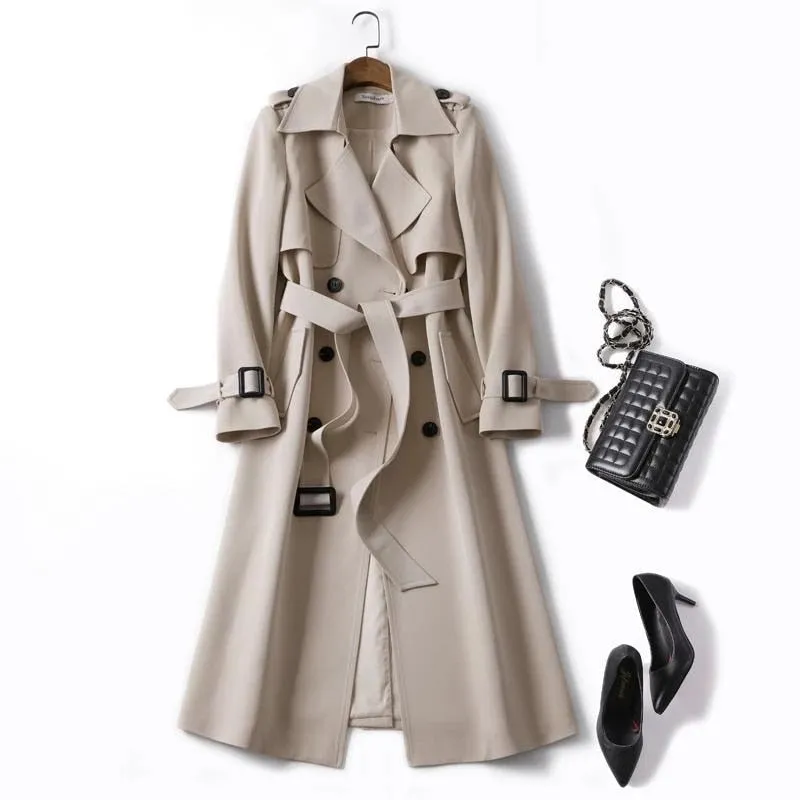 Wjczt Women&#39;s Long Trench Coats 2022 New Autumn Lapel Double Breasted Slim Windbreaker Korean Elegant Belted Solid Coat Ladies Outwear