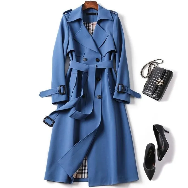 Wjczt Women&#39;s Long Trench Coats 2022 New Autumn Lapel Double Breasted Slim Windbreaker Korean Elegant Belted Solid Coat Ladies Outwear